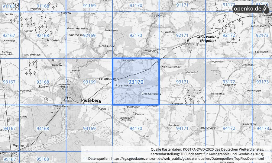 Übersichtskarte des KOSTRA-DWD-2020-Rasterfeldes Nr. 93170