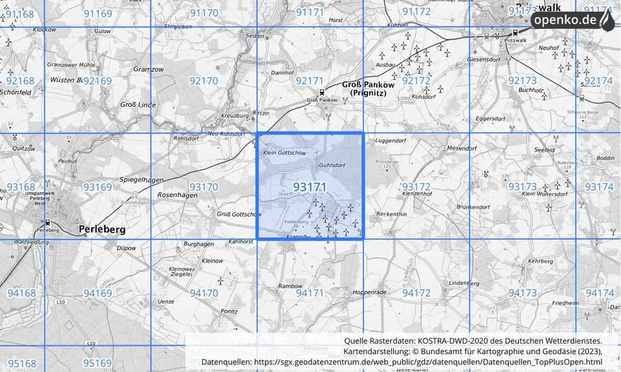 Übersichtskarte des KOSTRA-DWD-2020-Rasterfeldes Nr. 93171