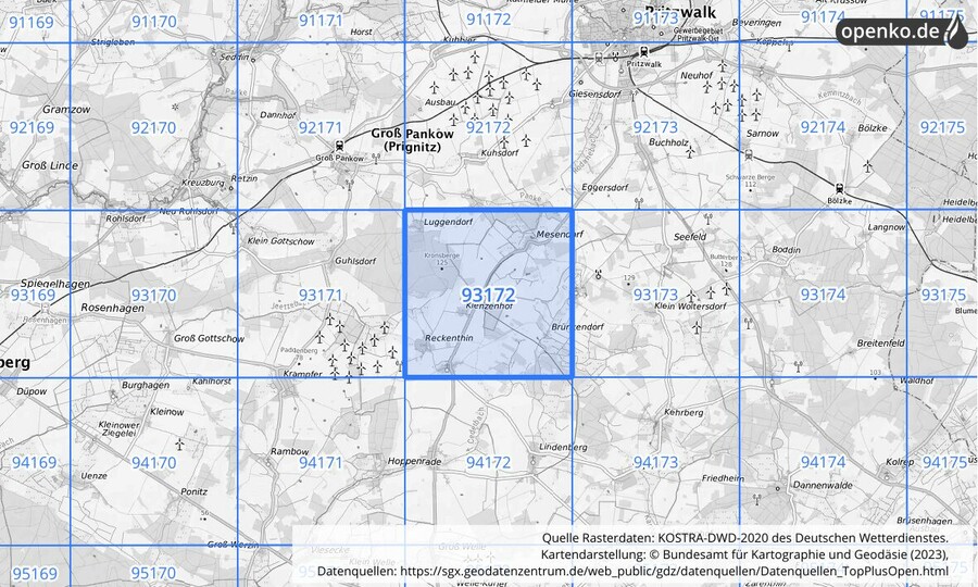 Übersichtskarte des KOSTRA-DWD-2020-Rasterfeldes Nr. 93172