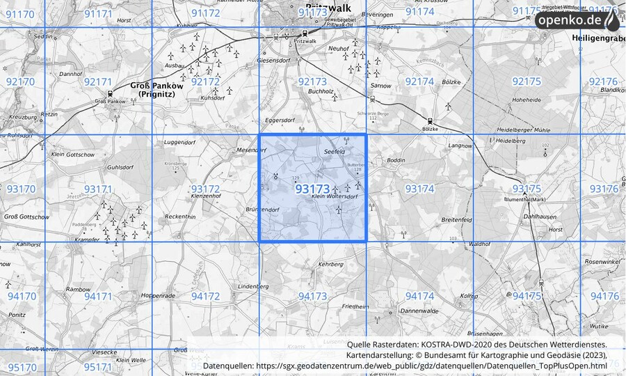 Übersichtskarte des KOSTRA-DWD-2020-Rasterfeldes Nr. 93173