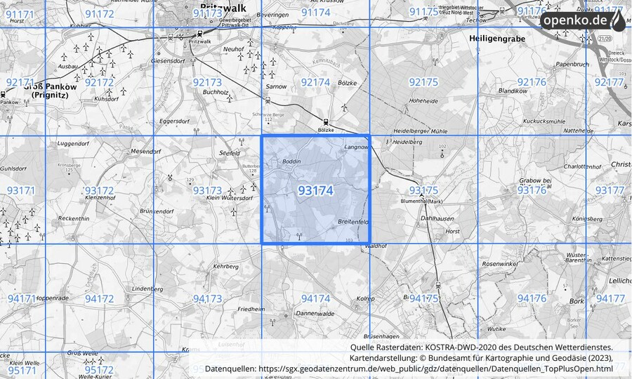 Übersichtskarte des KOSTRA-DWD-2020-Rasterfeldes Nr. 93174