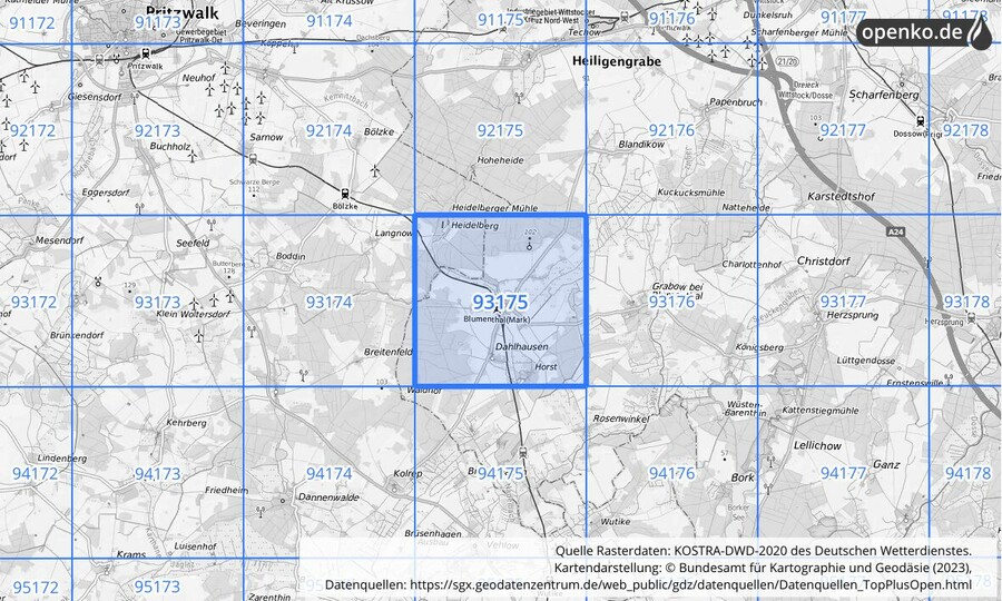 Übersichtskarte des KOSTRA-DWD-2020-Rasterfeldes Nr. 93175