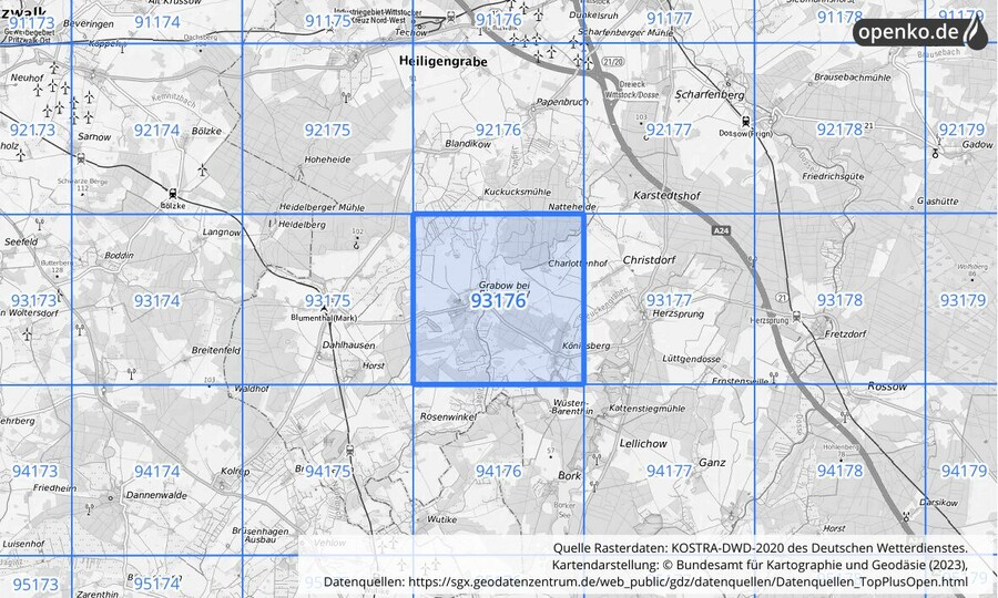 Übersichtskarte des KOSTRA-DWD-2020-Rasterfeldes Nr. 93176