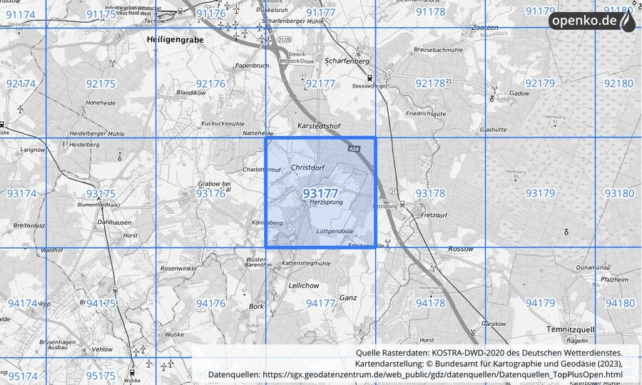 Übersichtskarte des KOSTRA-DWD-2020-Rasterfeldes Nr. 93177