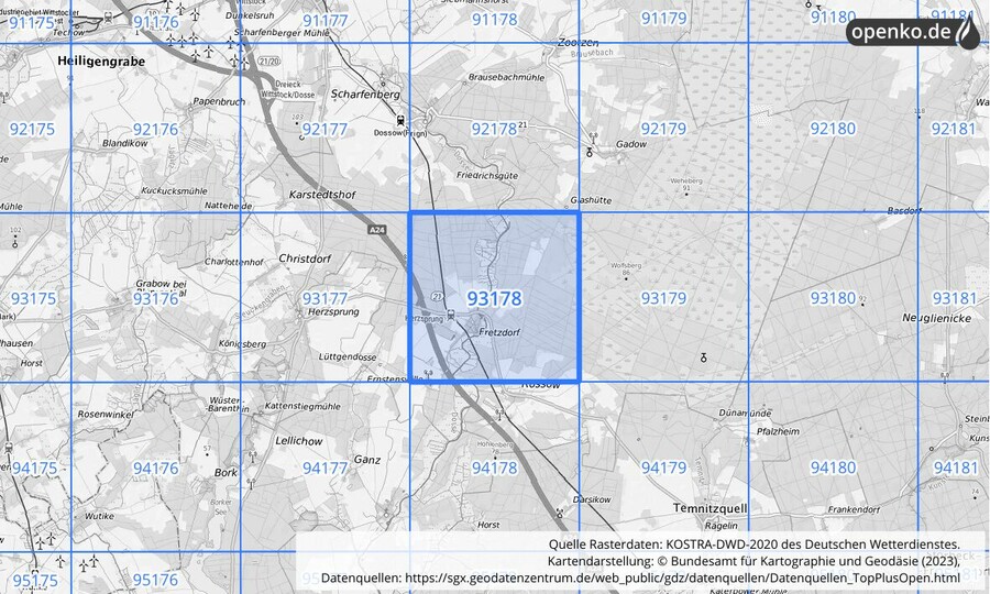 Übersichtskarte des KOSTRA-DWD-2020-Rasterfeldes Nr. 93178