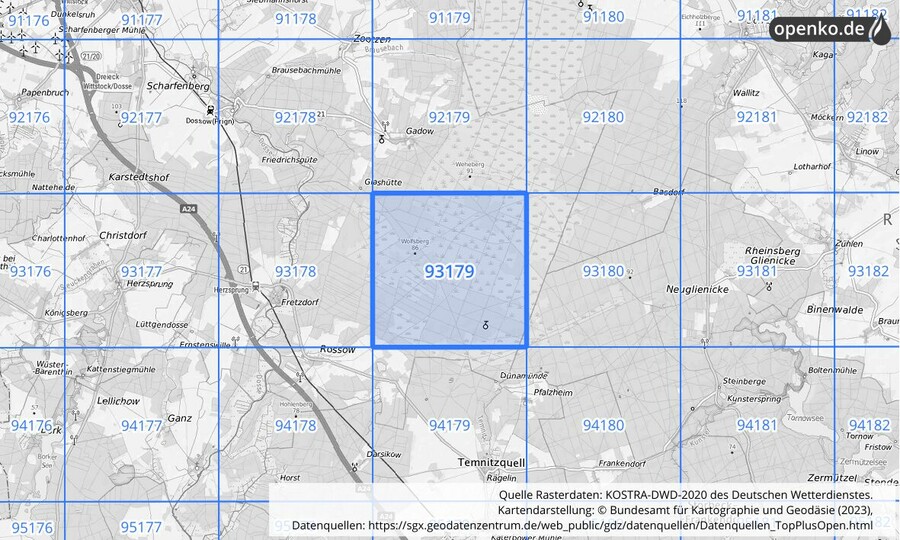 Übersichtskarte des KOSTRA-DWD-2020-Rasterfeldes Nr. 93179