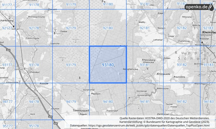 Übersichtskarte des KOSTRA-DWD-2020-Rasterfeldes Nr. 93180
