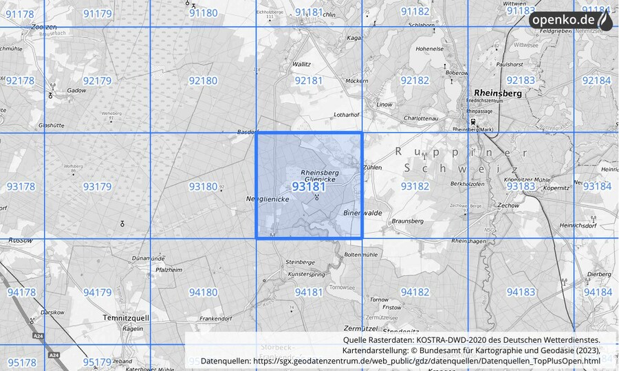 Übersichtskarte des KOSTRA-DWD-2020-Rasterfeldes Nr. 93181