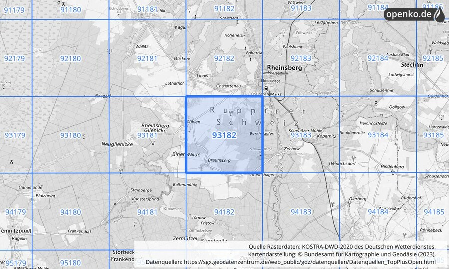 Übersichtskarte des KOSTRA-DWD-2020-Rasterfeldes Nr. 93182