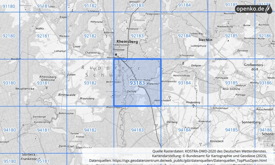 Übersichtskarte des KOSTRA-DWD-2020-Rasterfeldes Nr. 93183