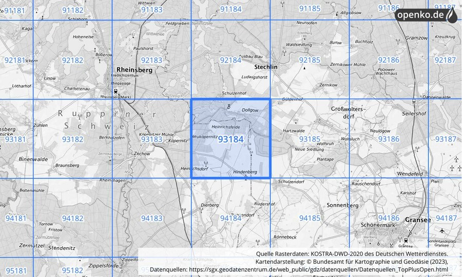 Übersichtskarte des KOSTRA-DWD-2020-Rasterfeldes Nr. 93184