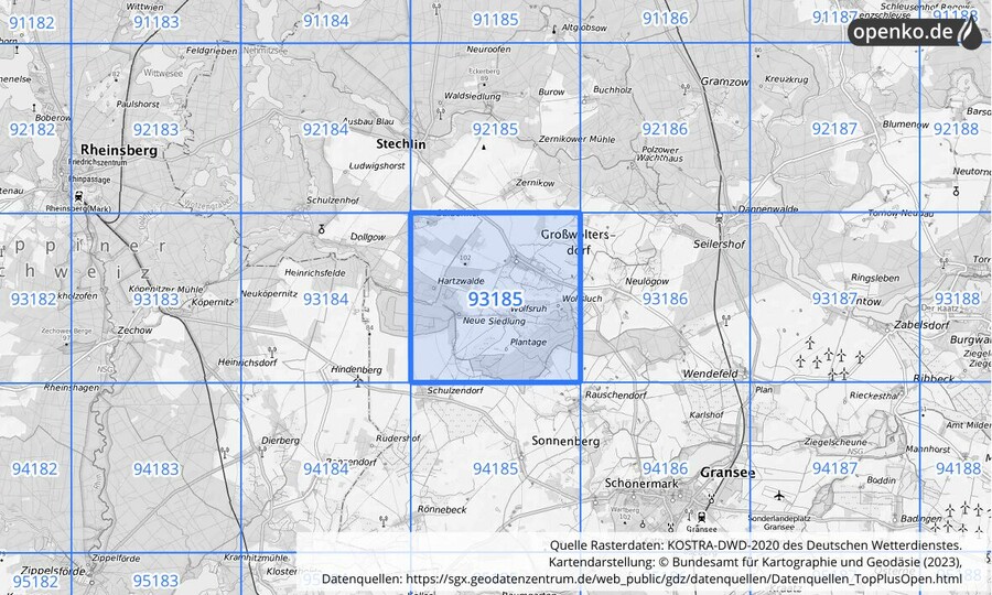 Übersichtskarte des KOSTRA-DWD-2020-Rasterfeldes Nr. 93185