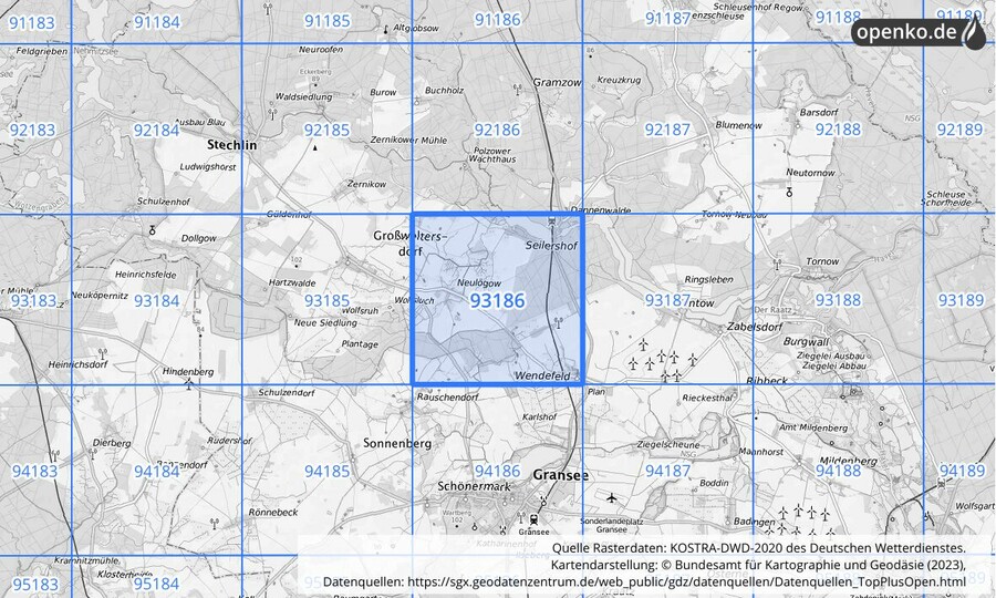 Übersichtskarte des KOSTRA-DWD-2020-Rasterfeldes Nr. 93186