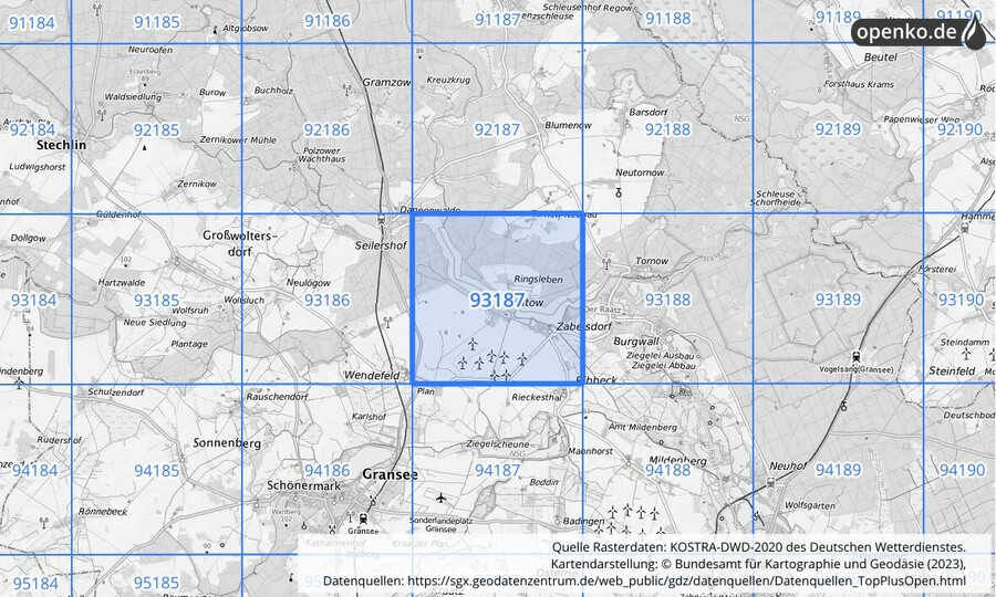 Übersichtskarte des KOSTRA-DWD-2020-Rasterfeldes Nr. 93187