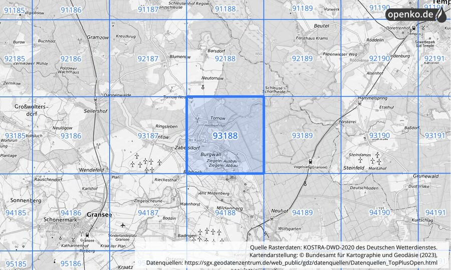 Übersichtskarte des KOSTRA-DWD-2020-Rasterfeldes Nr. 93188