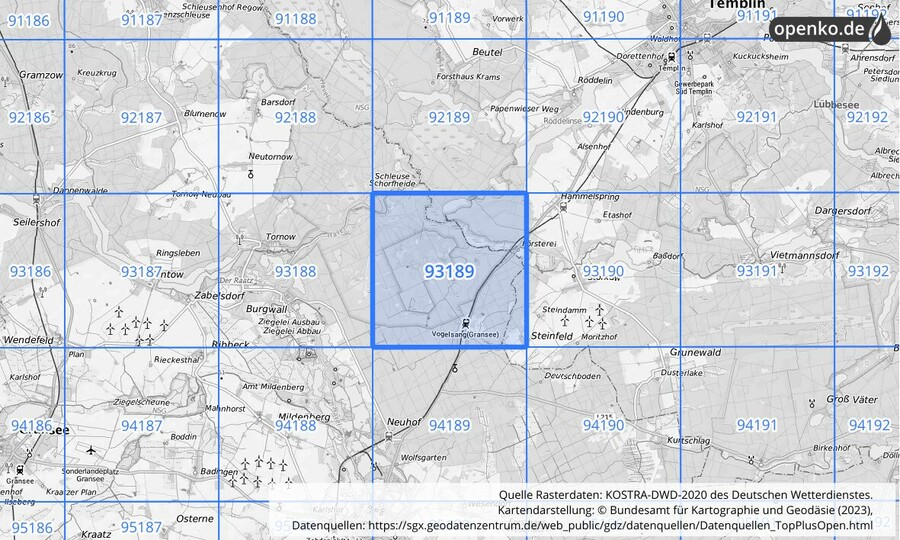 Übersichtskarte des KOSTRA-DWD-2020-Rasterfeldes Nr. 93189