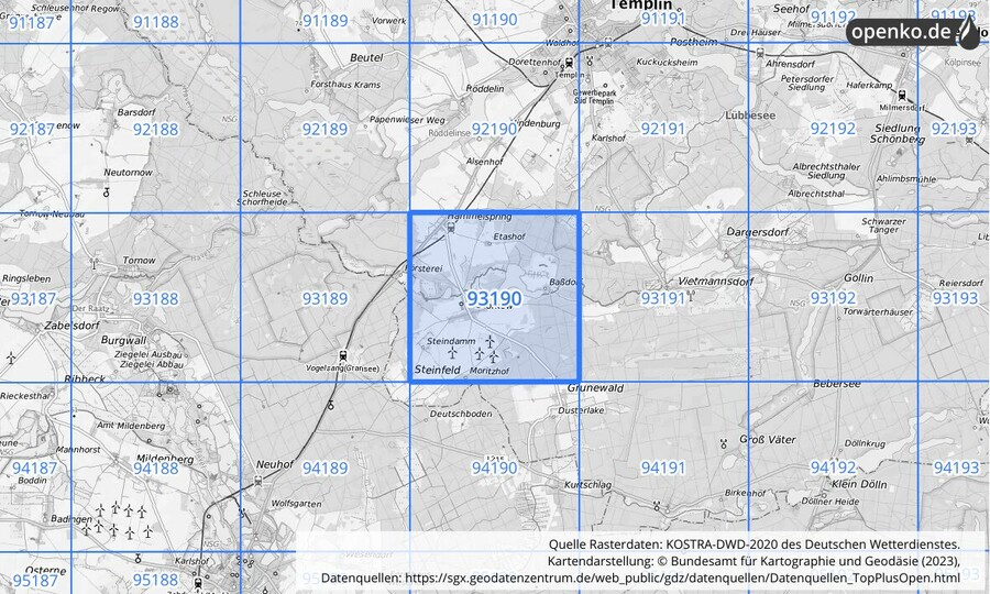 Übersichtskarte des KOSTRA-DWD-2020-Rasterfeldes Nr. 93190