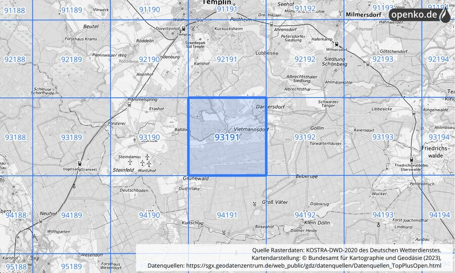 Übersichtskarte des KOSTRA-DWD-2020-Rasterfeldes Nr. 93191