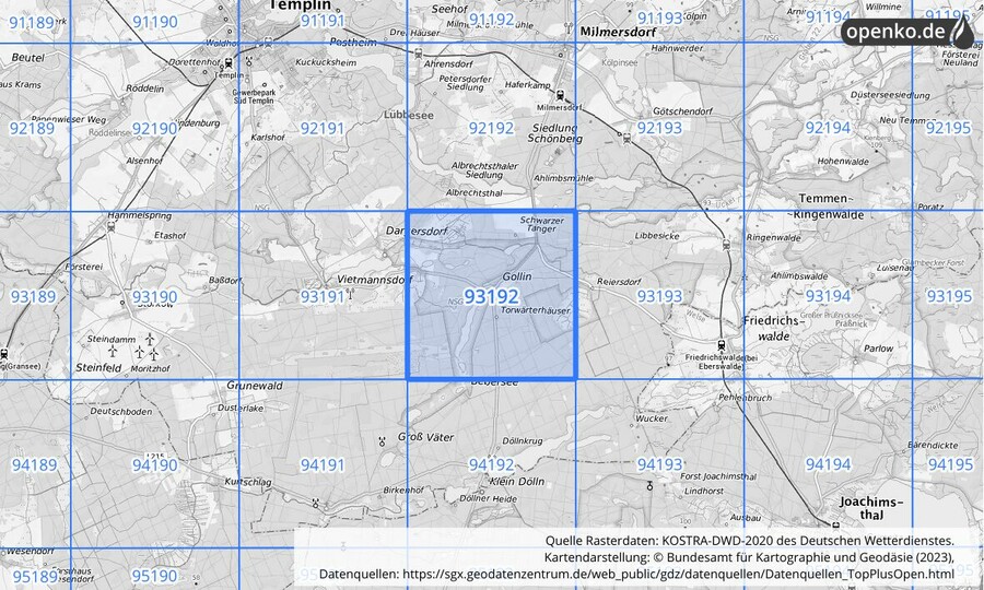 Übersichtskarte des KOSTRA-DWD-2020-Rasterfeldes Nr. 93192