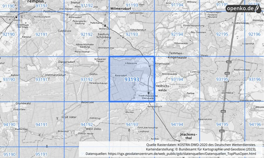 Übersichtskarte des KOSTRA-DWD-2020-Rasterfeldes Nr. 93193