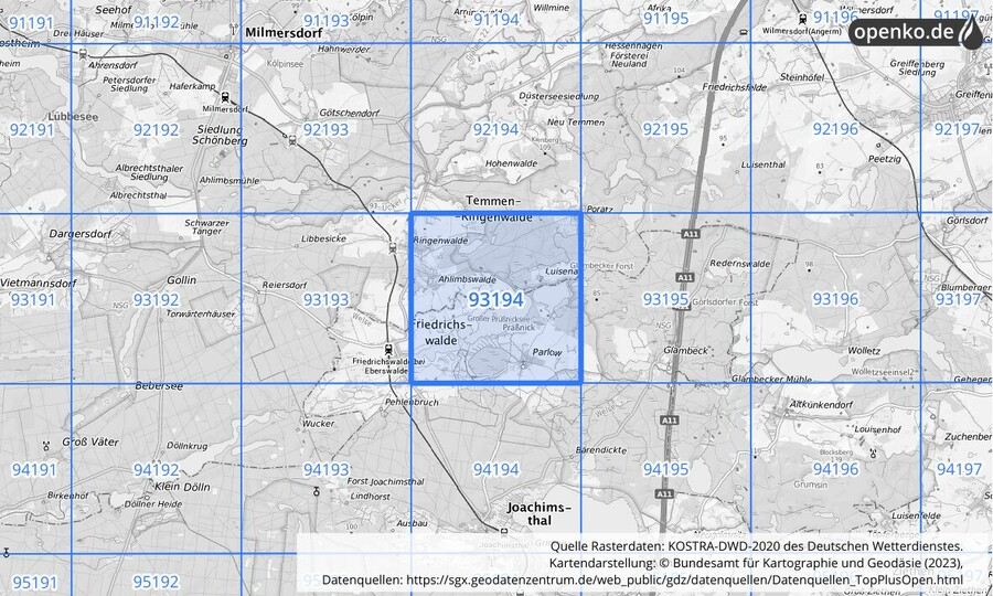 Übersichtskarte des KOSTRA-DWD-2020-Rasterfeldes Nr. 93194