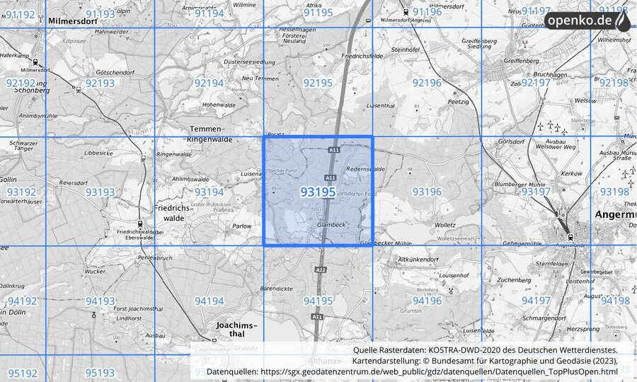 Übersichtskarte des KOSTRA-DWD-2020-Rasterfeldes Nr. 93195