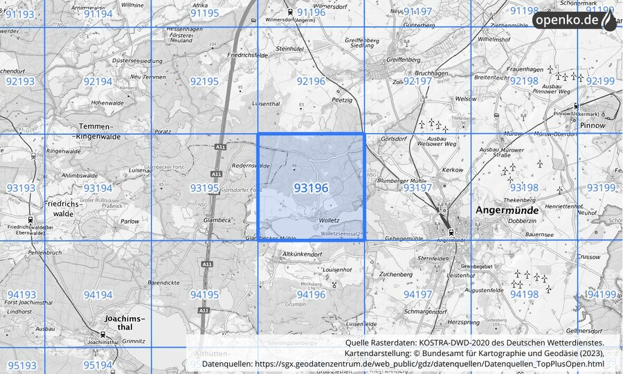 Übersichtskarte des KOSTRA-DWD-2020-Rasterfeldes Nr. 93196