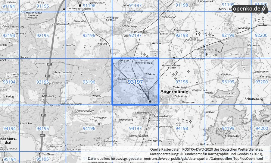 Übersichtskarte des KOSTRA-DWD-2020-Rasterfeldes Nr. 93197