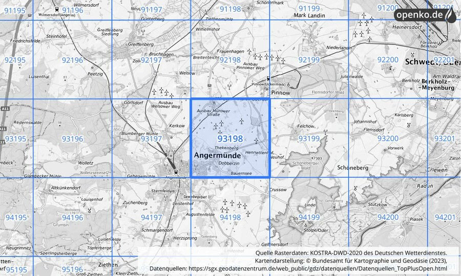 Übersichtskarte des KOSTRA-DWD-2020-Rasterfeldes Nr. 93198