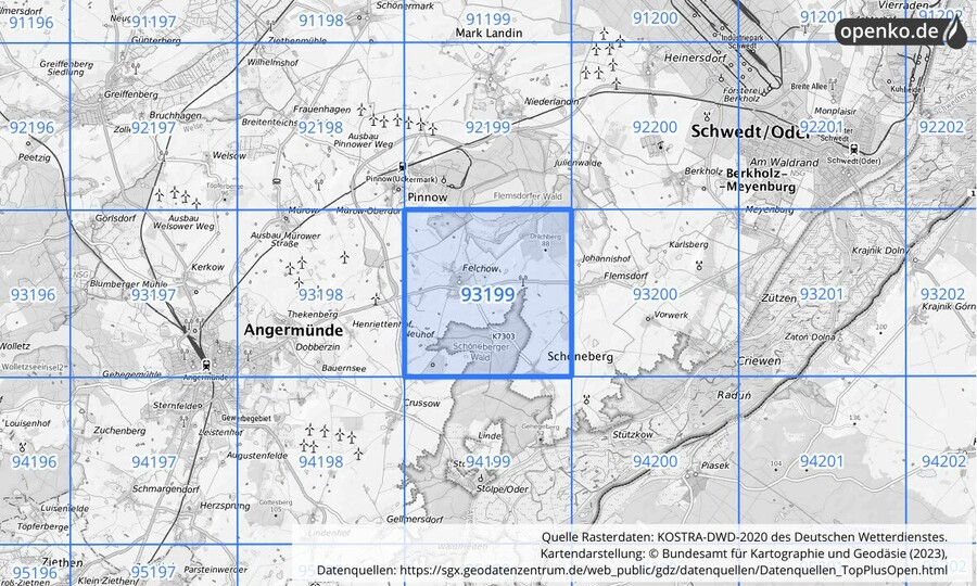 Übersichtskarte des KOSTRA-DWD-2020-Rasterfeldes Nr. 93199