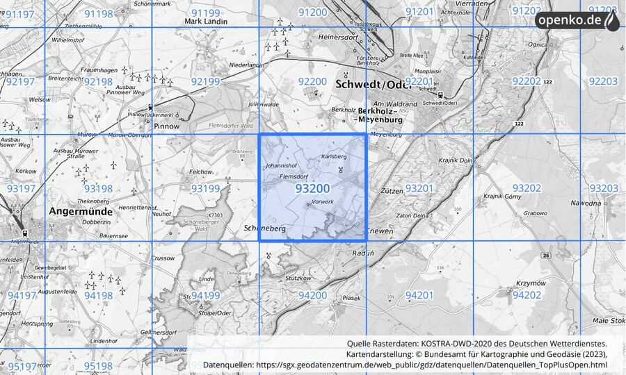 Übersichtskarte des KOSTRA-DWD-2020-Rasterfeldes Nr. 93200