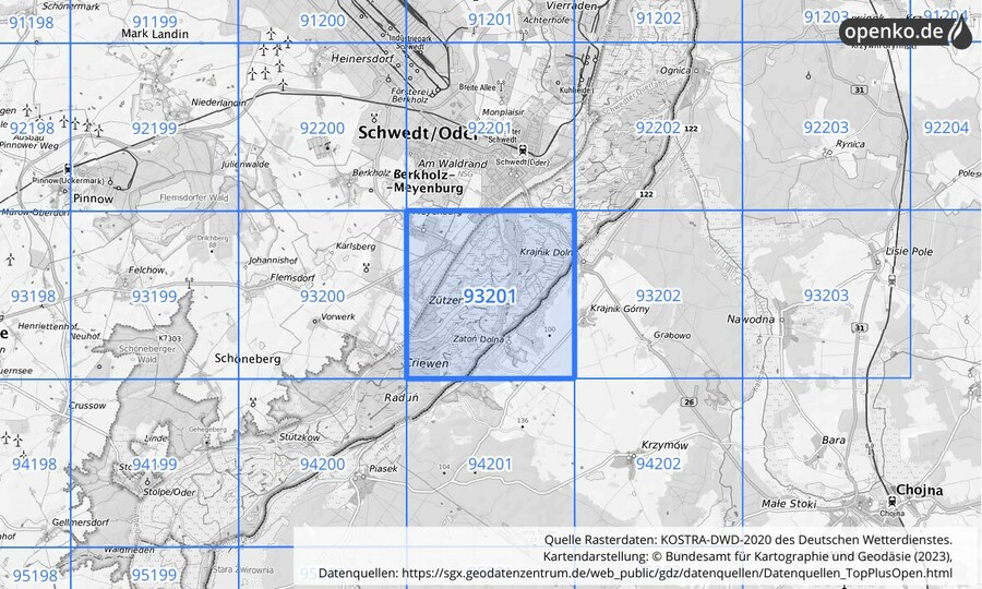 Übersichtskarte des KOSTRA-DWD-2020-Rasterfeldes Nr. 93201