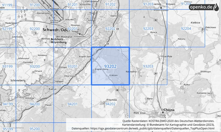 Übersichtskarte des KOSTRA-DWD-2020-Rasterfeldes Nr. 93202