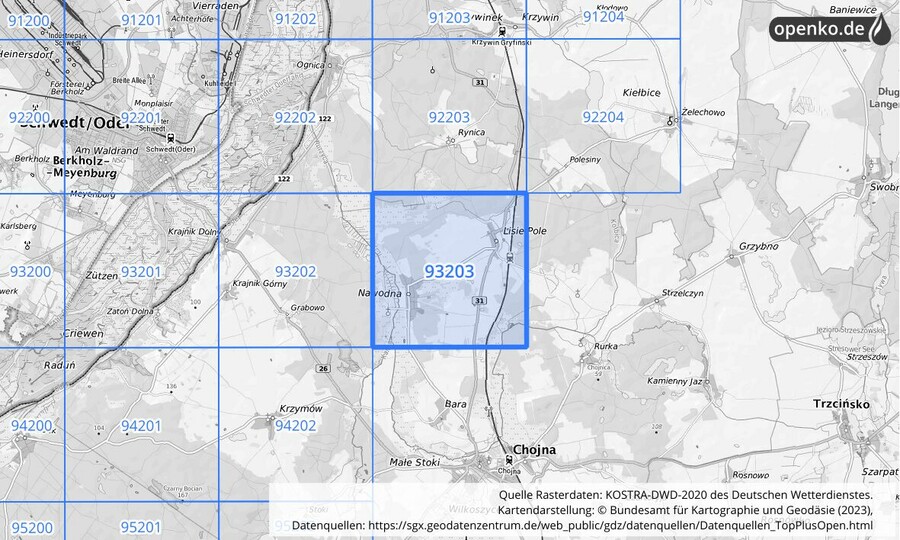 Übersichtskarte des KOSTRA-DWD-2020-Rasterfeldes Nr. 93203