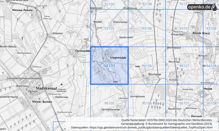 Übersichtskarte des KOSTRA-DWD-2020-Rasterfeldes Nr. 94105