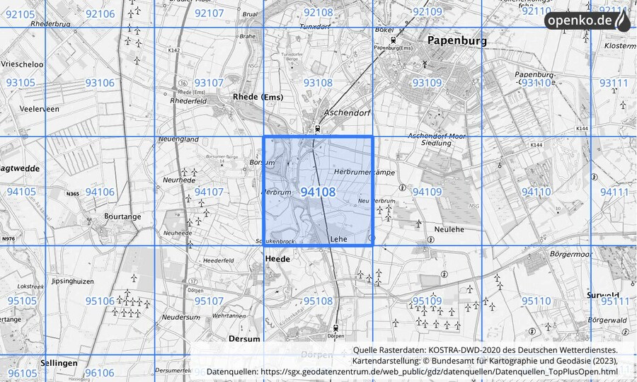 Übersichtskarte des KOSTRA-DWD-2020-Rasterfeldes Nr. 94108