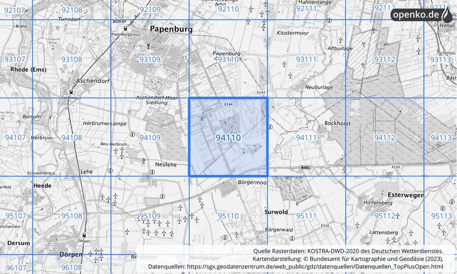 Übersichtskarte des KOSTRA-DWD-2020-Rasterfeldes Nr. 94110