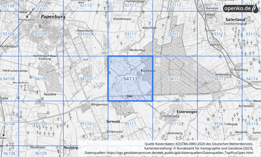 Übersichtskarte des KOSTRA-DWD-2020-Rasterfeldes Nr. 94111