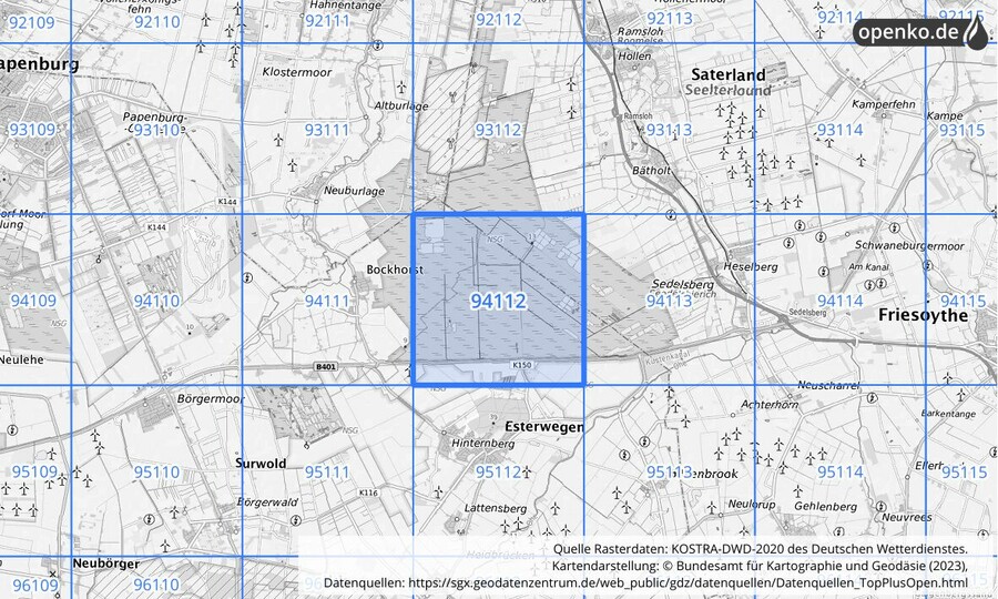 Übersichtskarte des KOSTRA-DWD-2020-Rasterfeldes Nr. 94112