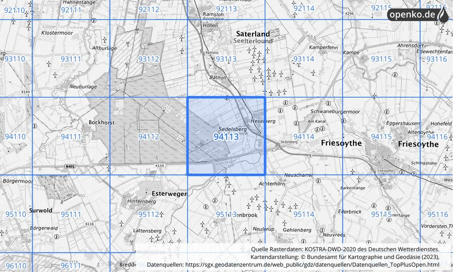 Übersichtskarte des KOSTRA-DWD-2020-Rasterfeldes Nr. 94113
