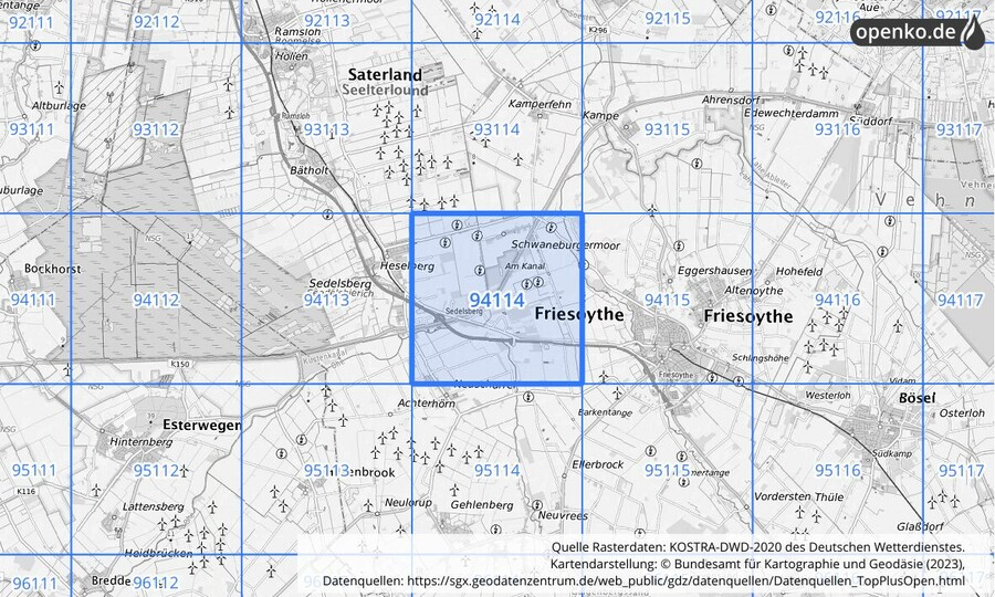 Übersichtskarte des KOSTRA-DWD-2020-Rasterfeldes Nr. 94114