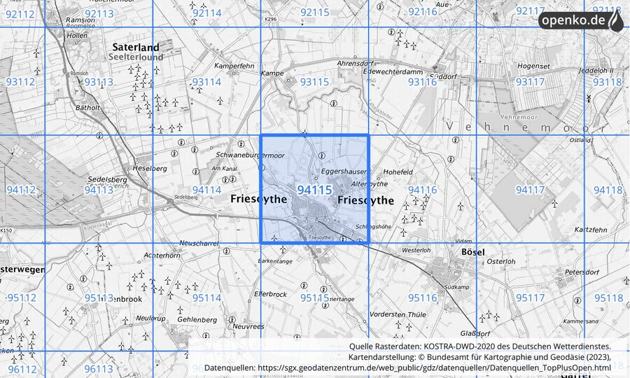 Übersichtskarte des KOSTRA-DWD-2020-Rasterfeldes Nr. 94115