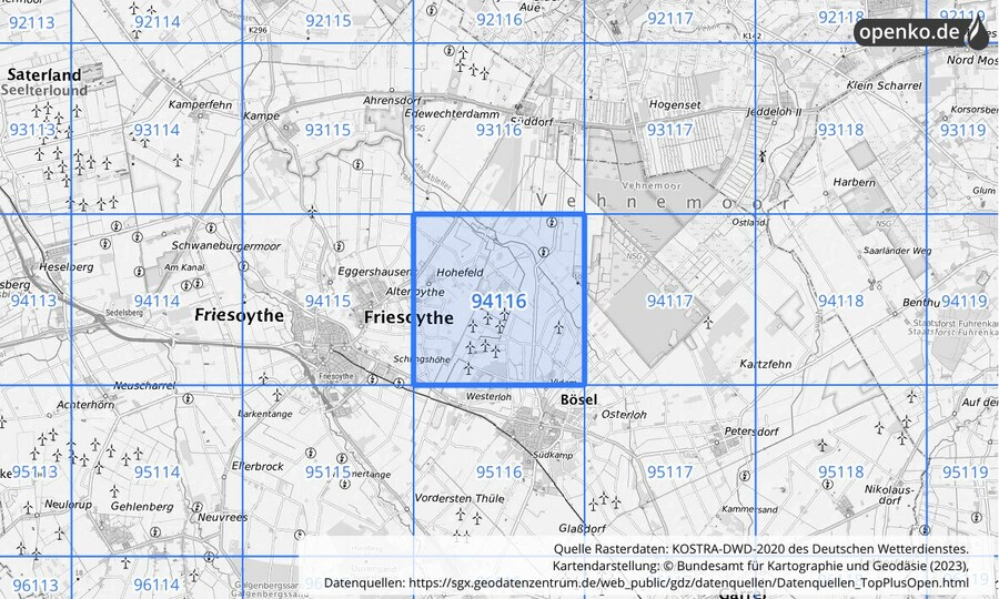 Übersichtskarte des KOSTRA-DWD-2020-Rasterfeldes Nr. 94116