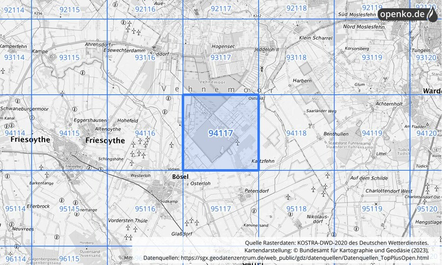 Übersichtskarte des KOSTRA-DWD-2020-Rasterfeldes Nr. 94117