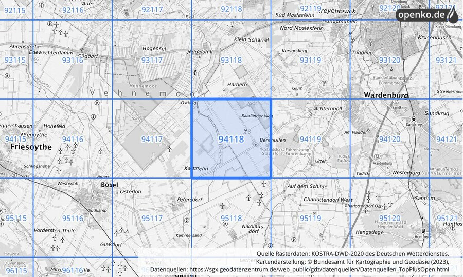 Übersichtskarte des KOSTRA-DWD-2020-Rasterfeldes Nr. 94118