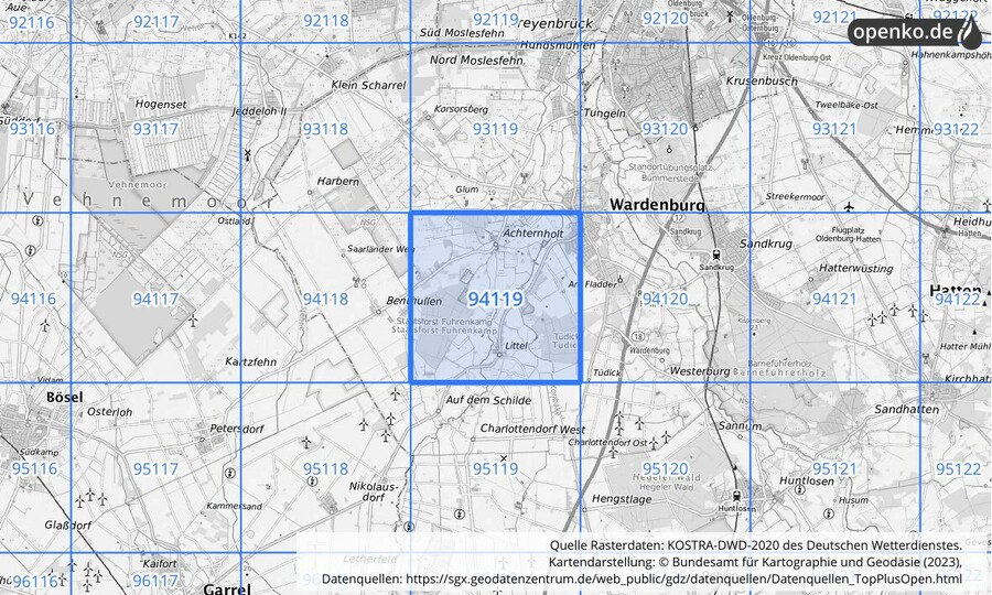 Übersichtskarte des KOSTRA-DWD-2020-Rasterfeldes Nr. 94119