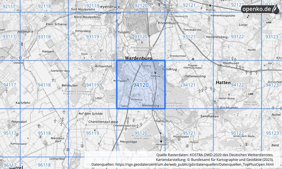 Übersichtskarte des KOSTRA-DWD-2020-Rasterfeldes Nr. 94120