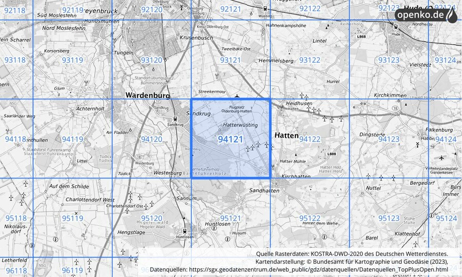 Übersichtskarte des KOSTRA-DWD-2020-Rasterfeldes Nr. 94121