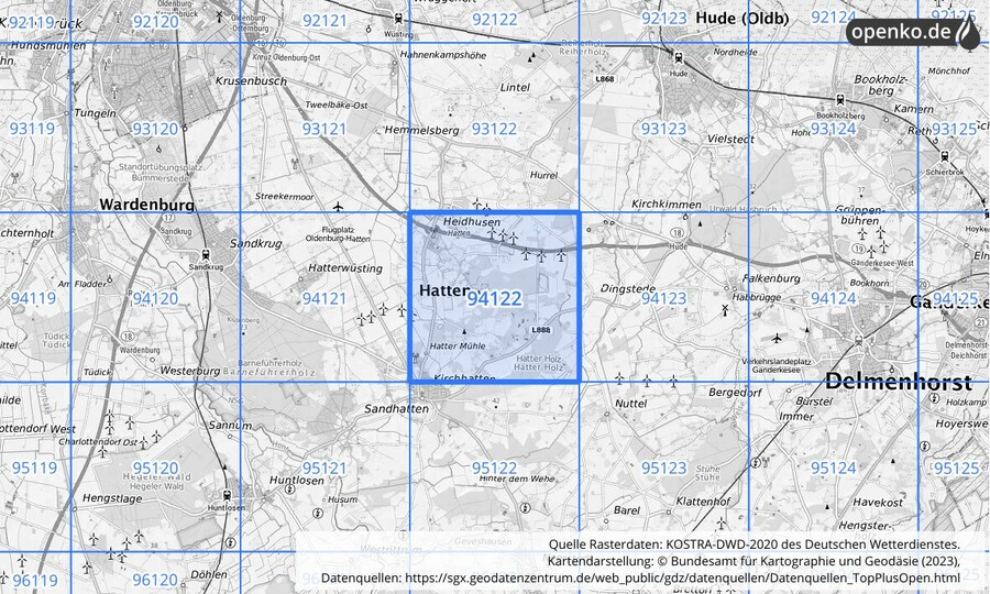 Übersichtskarte des KOSTRA-DWD-2020-Rasterfeldes Nr. 94122