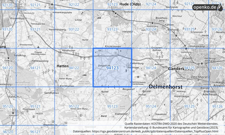 Übersichtskarte des KOSTRA-DWD-2020-Rasterfeldes Nr. 94123